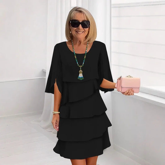 Gonna torta da donna estiva Manica a foglia di loto Tinta unita Vita ampia O-collo Semplice moda Pullover Minigonna casual