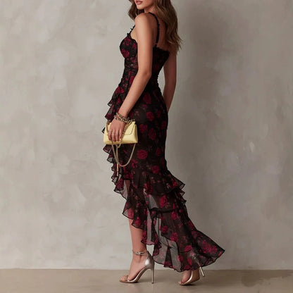 Abito Estivo 2026 da Donna Sexy Senza Maniche, Vestito Bodycon Nero con Fiori, Abito con Spalline e Bordo Arricciato Stile Y2K
