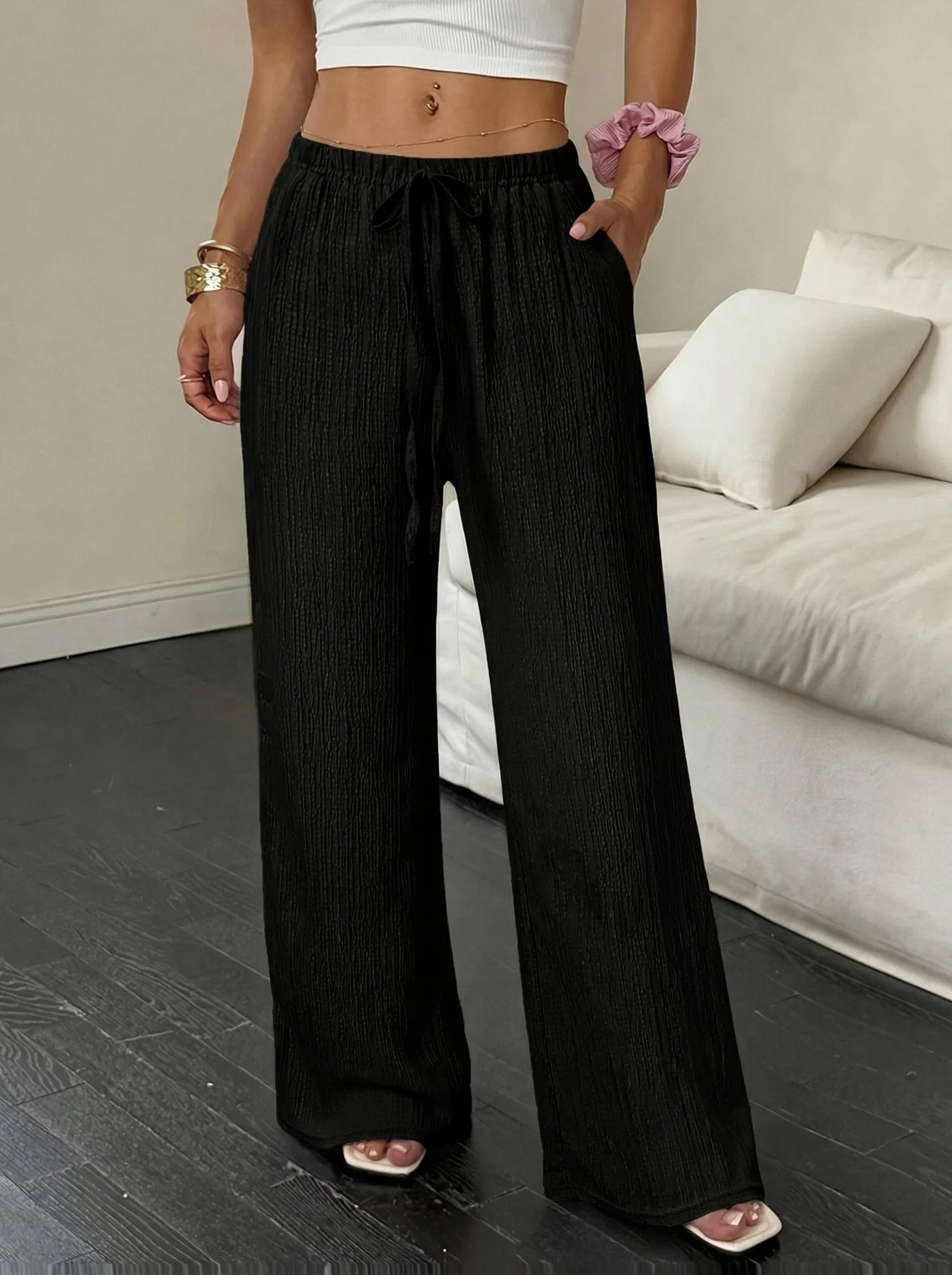 Eleganti Pantaloni Casual da Donna a Gamba Larga in Tinta Unita Versatili