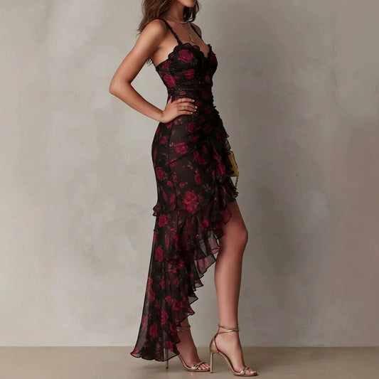 Abito Estivo 2026 da Donna Sexy Senza Maniche, Vestito Bodycon Nero con Fiori, Abito con Spalline e Bordo Arricciato Stile Y2K