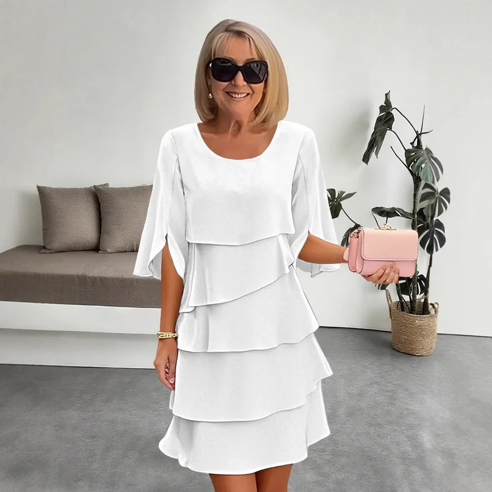 Gonna torta da donna estiva Manica a foglia di loto Tinta unita Vita ampia O-collo Semplice moda Pullover Minigonna casual