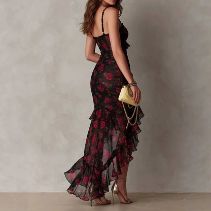 Abito Estivo 2026 da Donna Sexy Senza Maniche, Vestito Bodycon Nero con Fiori, Abito con Spalline e Bordo Arricciato Stile Y2K